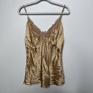 VTG Y2K Womens 100% Silk Babydoll Top Sleeveless Gold Lace Detail Sz Medium